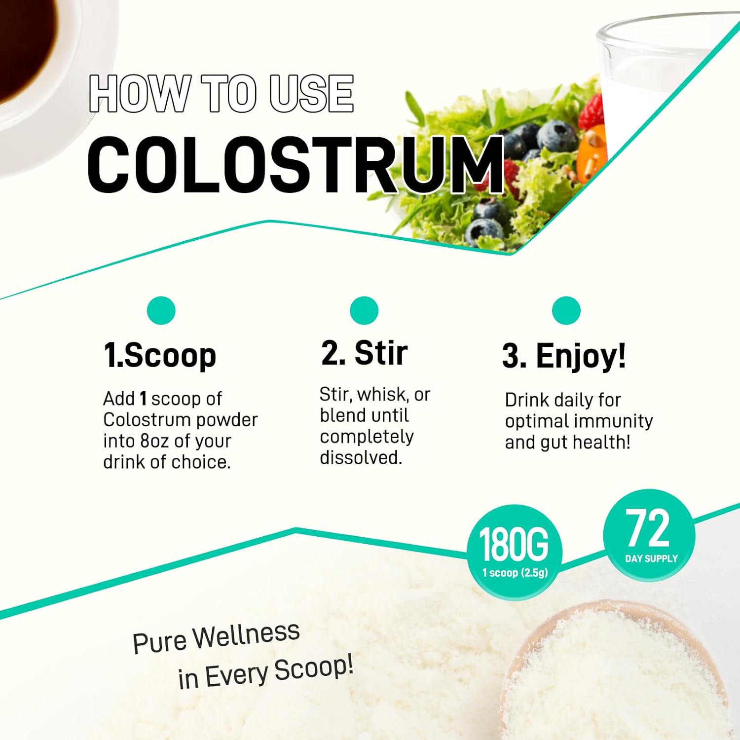 Pure Grass-Fed Liposomal Bovine Colostrum Powder - 72 Servings, 180g - Gut & Immune Support, Hair Growth - Human Supplement