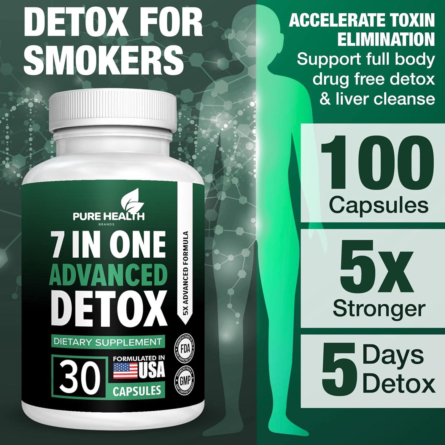 Pure Health Brands 7-in-1 Advanced Formula - Full Body Cleanse & Liver Repair - Natural Detox Support (30 Capsules)