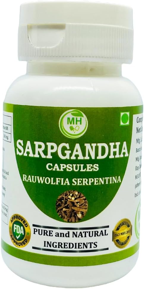 Pure Herbal Sarpgandha (Rauvolfia Serpentina) 500mg Capsules - 60 Veg Capsules, Natural Supplement by Morsan Healthcare