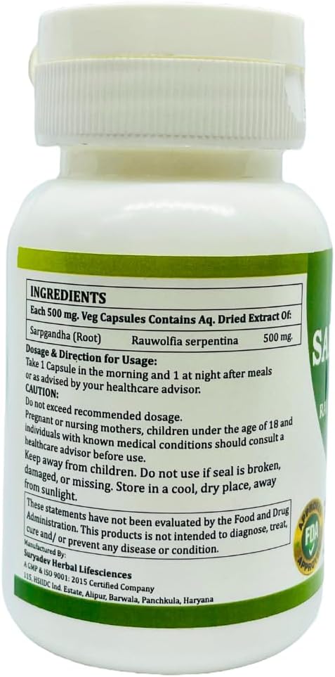 Pure Herbal Sarpgandha (Rauvolfia Serpentina) 500mg Capsules - 60 Veg Capsules, Natural Supplement by Morsan Healthcare