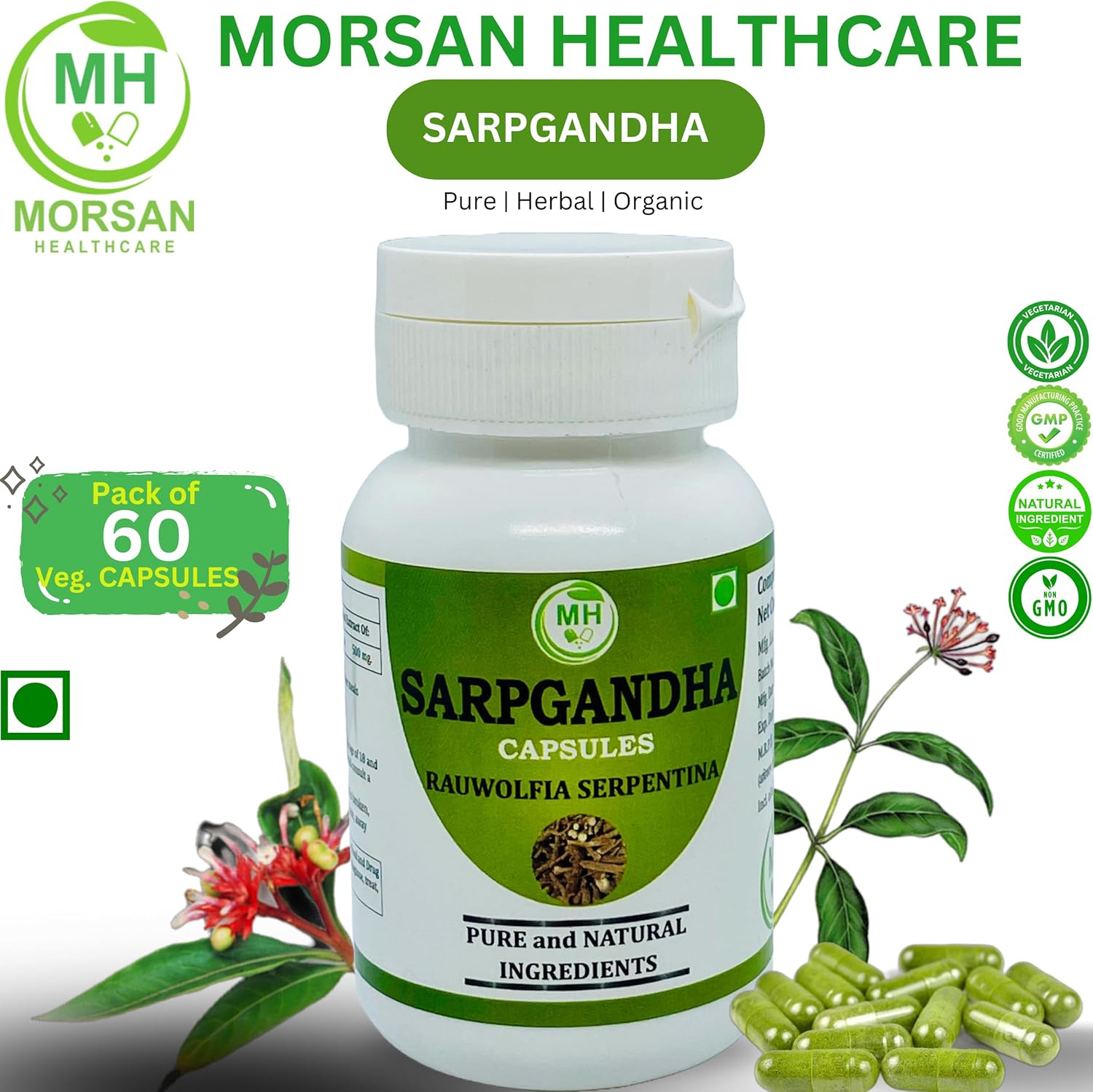 Pure Herbal Sarpgandha (Rauvolfia Serpentina) 500mg Capsules - 60 Veg Capsules, Natural Supplement by Morsan Healthcare