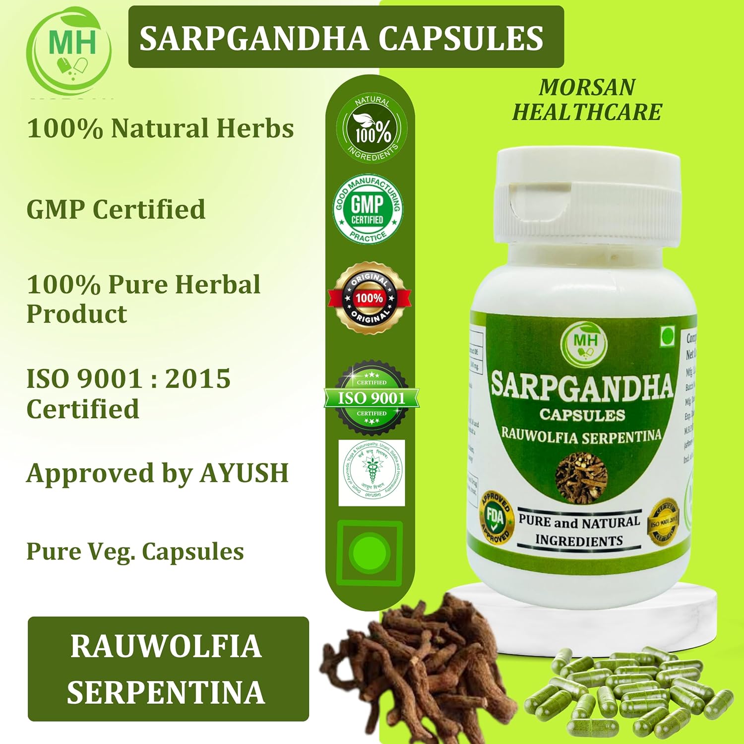 Pure Herbal Sarpgandha (Rauvolfia Serpentina) 500mg Capsules - 60 Veg Capsules, Natural Supplement by Morsan Healthcare