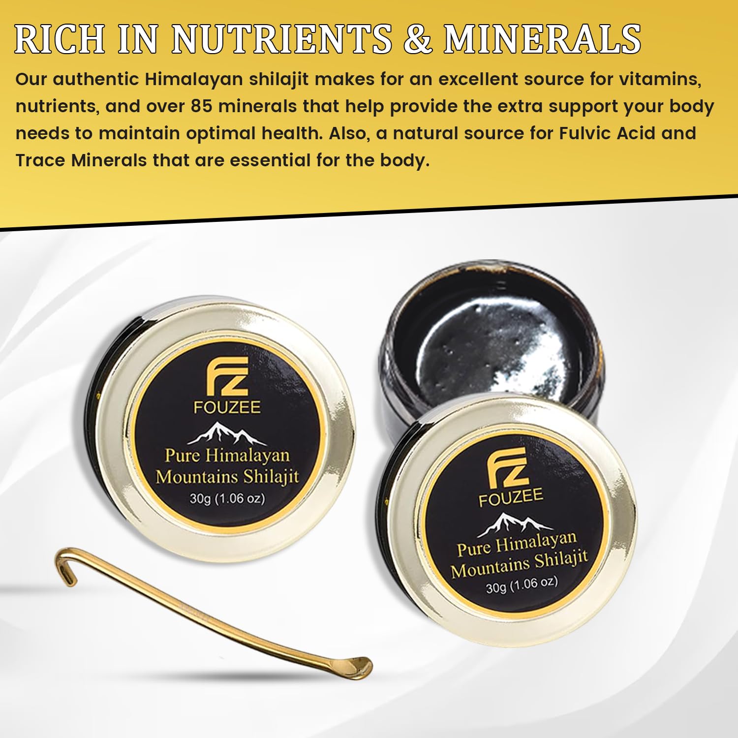 Pure Himalayan Mountains Shilajit with 77% Fulvic Acid - Authentic Hard Consistency, Natural Source of Trace Minerals - 30g with Stainless Steel Spoon