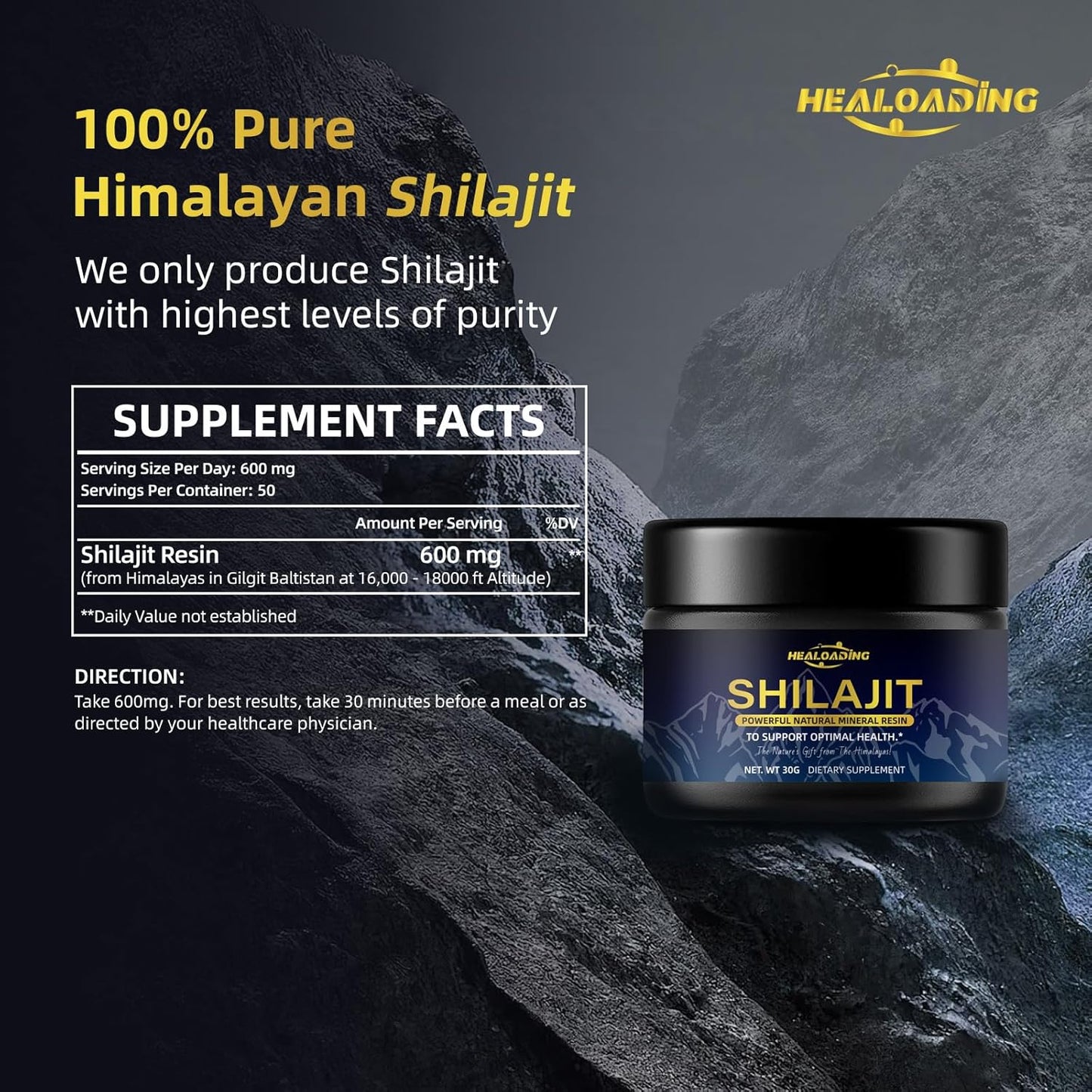 Pure Himalayan Organic Shilajit Resin - 600mg Gold Grade Supplement for Men with 85+ Trace Minerals & 75%+ Fulvic Acid - Energy & Immune Support