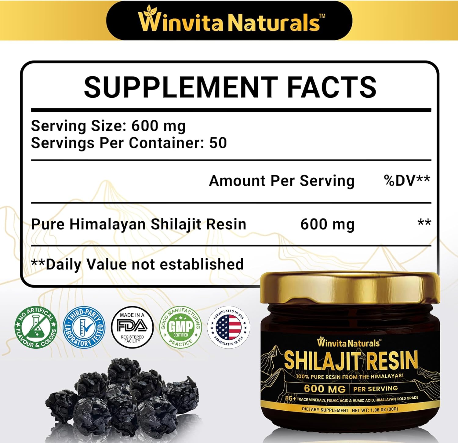 Pure Himalayan Organic Shilajit Resin - 600mg Gold Grade Supplement for Energy Boost & Immune Support, 85+ Trace Minerals, Fulvic Acid - 30g