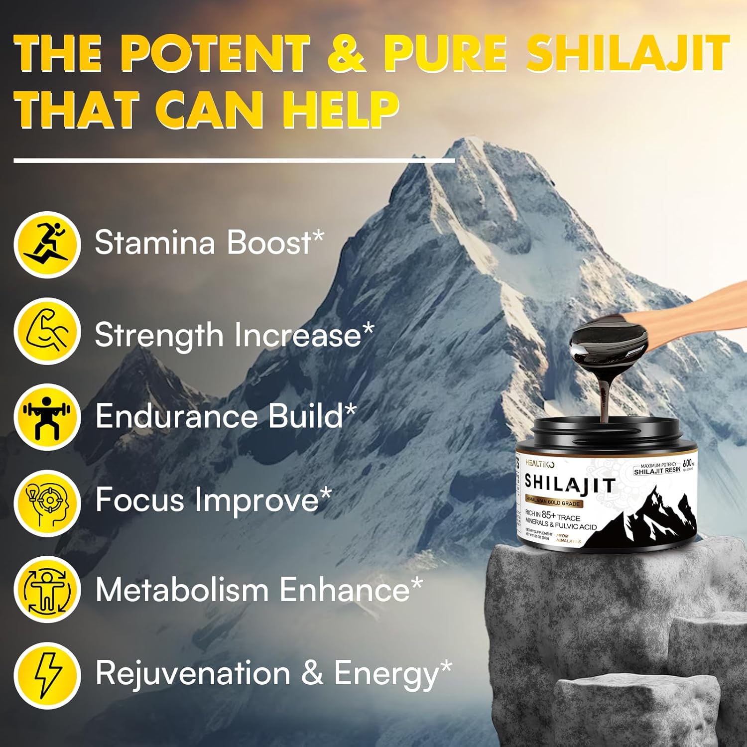 Pure Himalayan Organic Shilajit Resin - 600mg Gold Grade Potency for Men & Women - 85+ Trace Minerals & Fulvic Acid - Boost Stamina, Immunity & Strength - 50 Servings (30g)