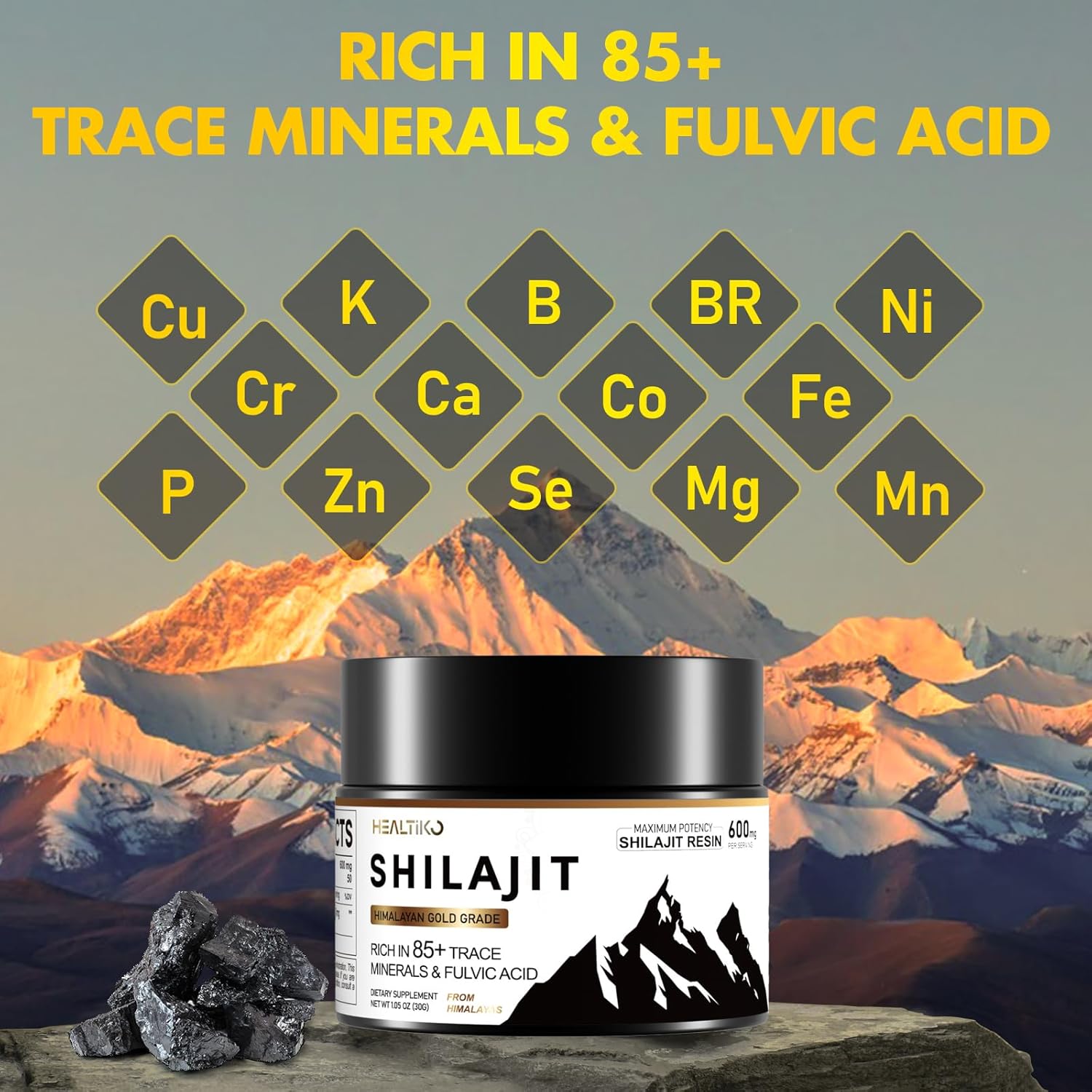 Pure Himalayan Organic Shilajit Resin - 600mg Gold Grade Potency for Men & Women - 85+ Trace Minerals & Fulvic Acid - Boost Stamina, Immunity & Strength - 50 Servings (30g)