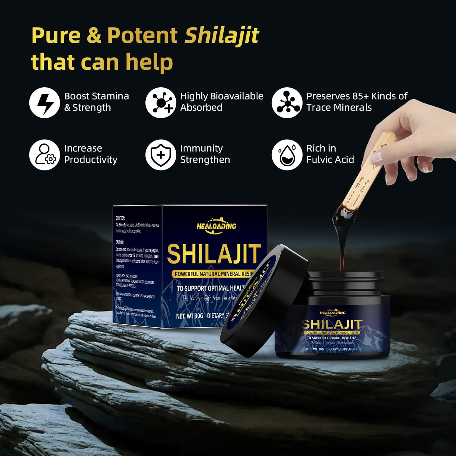 Pure Himalayan Organic Shilajit Resin - 600mg Gold Grade Supplement for Men with 85+ Trace Minerals & 75%+ Fulvic Acid - Energy & Immune Support