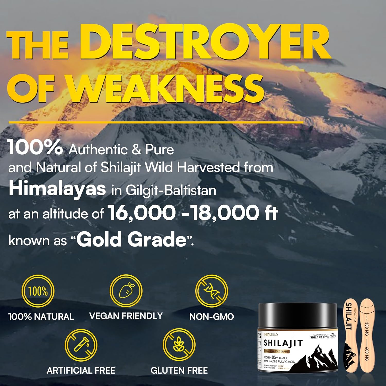Pure Himalayan Organic Shilajit Resin - 600mg Gold Grade Potency for Men & Women - 85+ Trace Minerals & Fulvic Acid - Boost Stamina, Immunity & Strength - 50 Servings (30g)