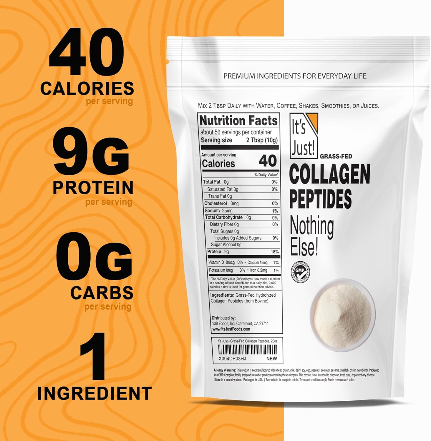 Pure Hydrolyzed Grass-Fed Collagen Peptides Powder, 1.25lbs - Type I & III, Dissolves Quickly - Unflavored 20oz