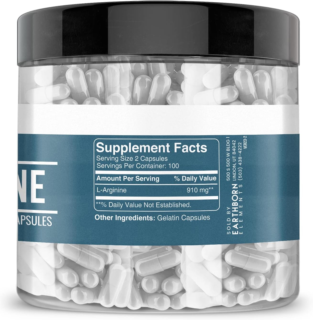 Pure L-Arginine Capsules by Earthborn Elements - 200 Count, Additive-Free & Undiluted
