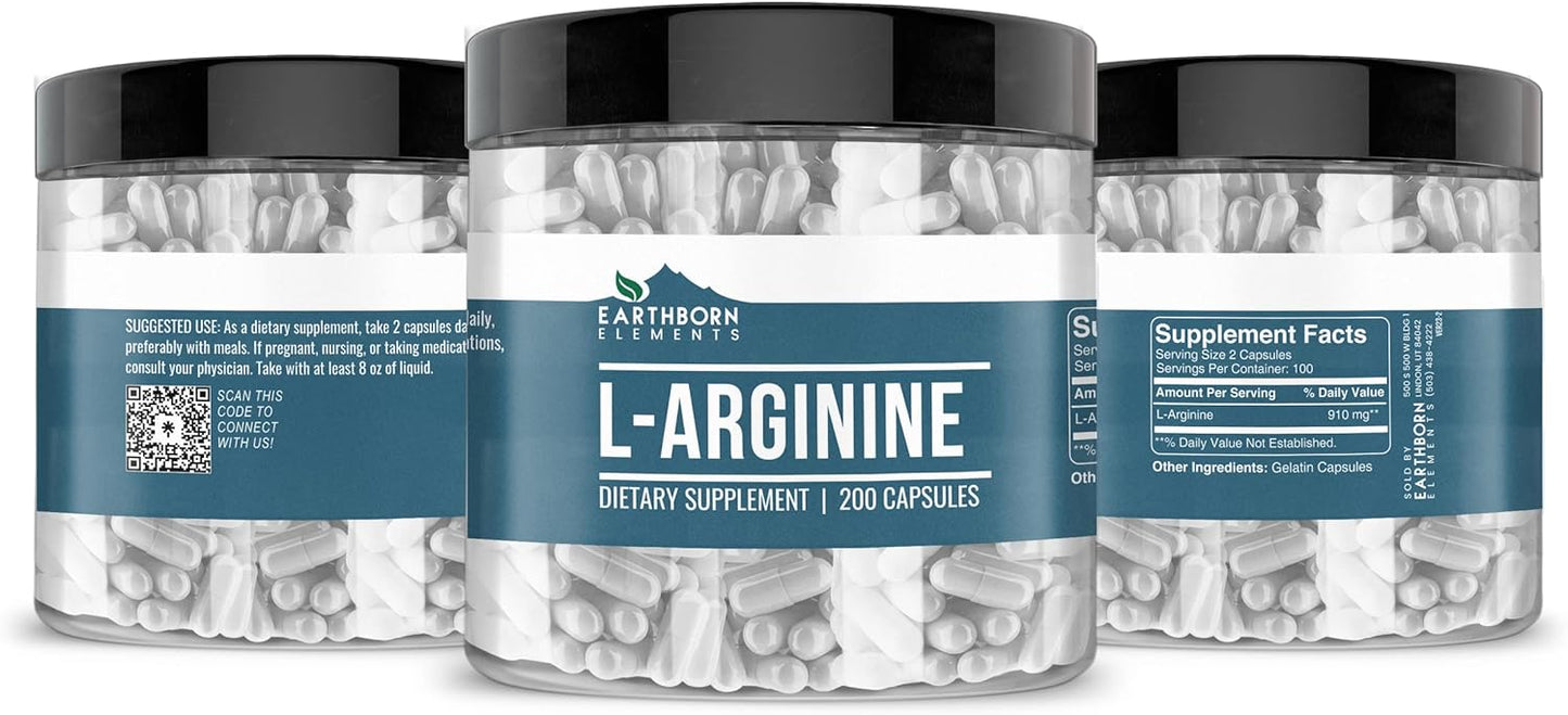 Pure L-Arginine Capsules by Earthborn Elements - 200 Count, Additive-Free & Undiluted