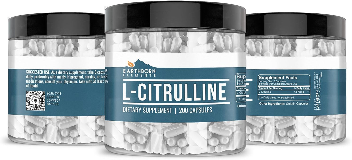 Pure L-Citrulline Supplement, 200 Capsules, Lab-Tested, No Stearates or Rice Fillers, Earthborn Elements
