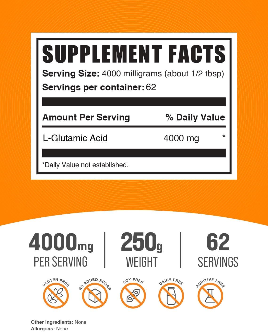 Pure L-Glutamic Acid Powder - Amino Acid Supplement for Gut Health - Gluten Free, 4000mg per Serving, 250g - BulkSupplements.com