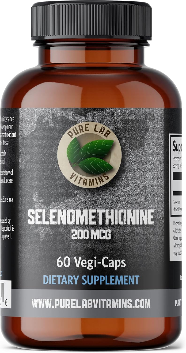 Pure Lab Vitamins Selenium 200mcg Supplement with Selenomethionine - 60 V-Caps, Gluten Free & Made in Canada