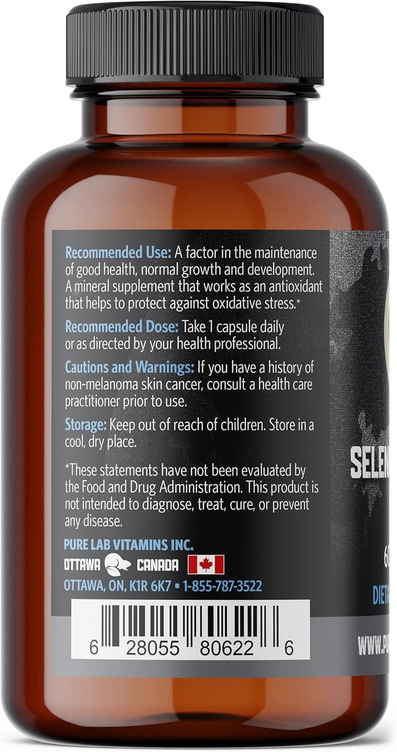 Pure Lab Vitamins Selenium 200mcg Supplement with Selenomethionine - 60 V-Caps, Gluten Free & Made in Canada