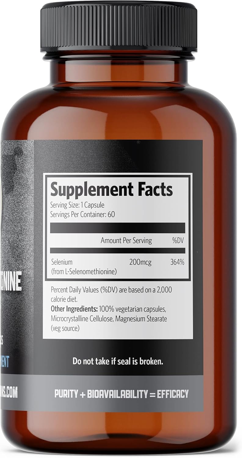 Pure Lab Vitamins Selenium 200mcg Supplement with Selenomethionine - 60 V-Caps, Gluten Free & Made in Canada
