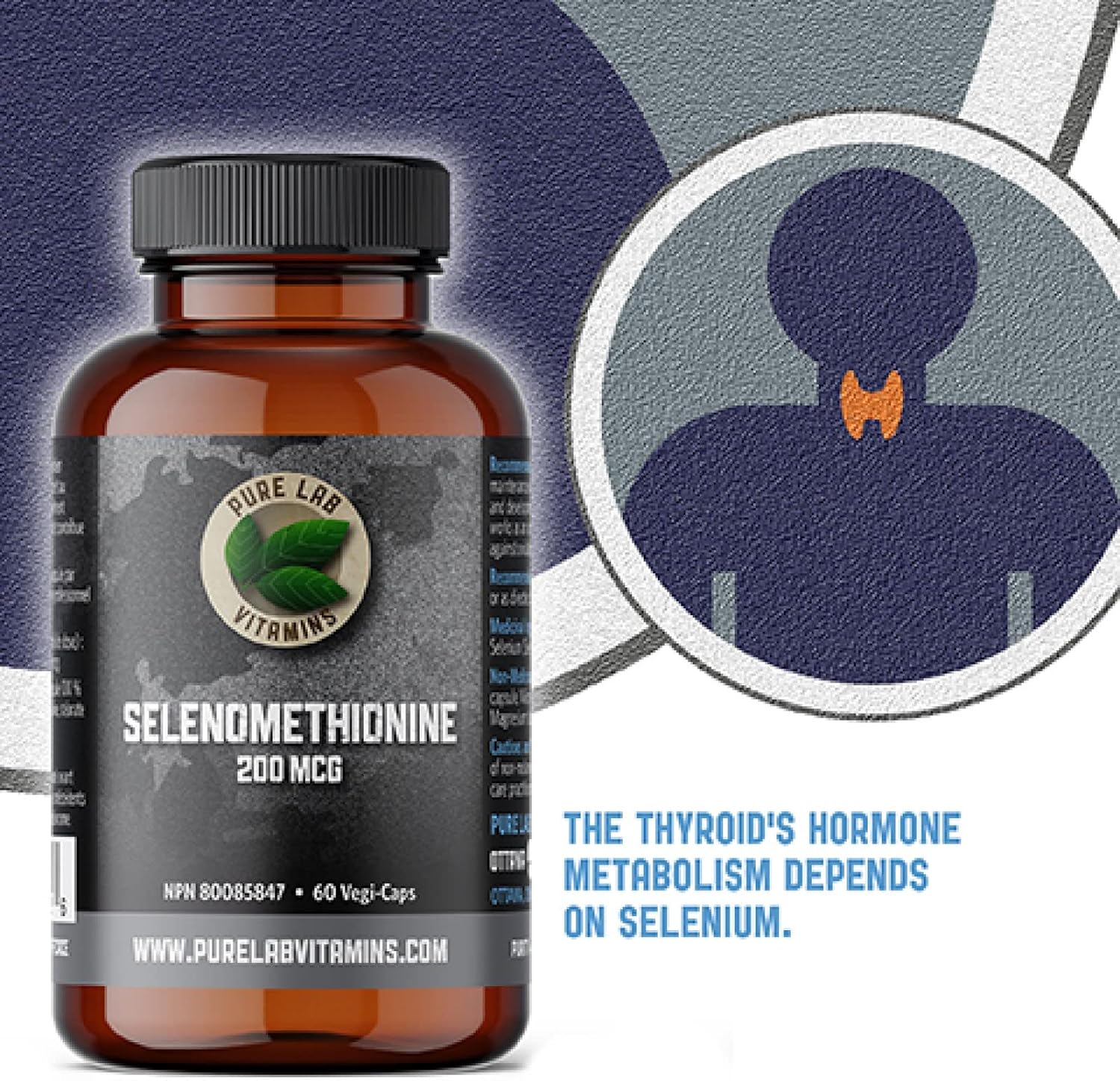 Pure Lab Vitamins Selenium 200mcg Supplement with Selenomethionine - 60 V-Caps, Gluten Free & Made in Canada