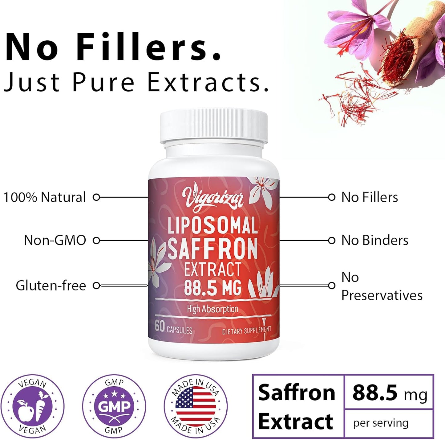 Pure Liposomal Saffron Extract Supplements - High Bioavailability, 88.5 mg - 480 Veggie Capsules - USA Made