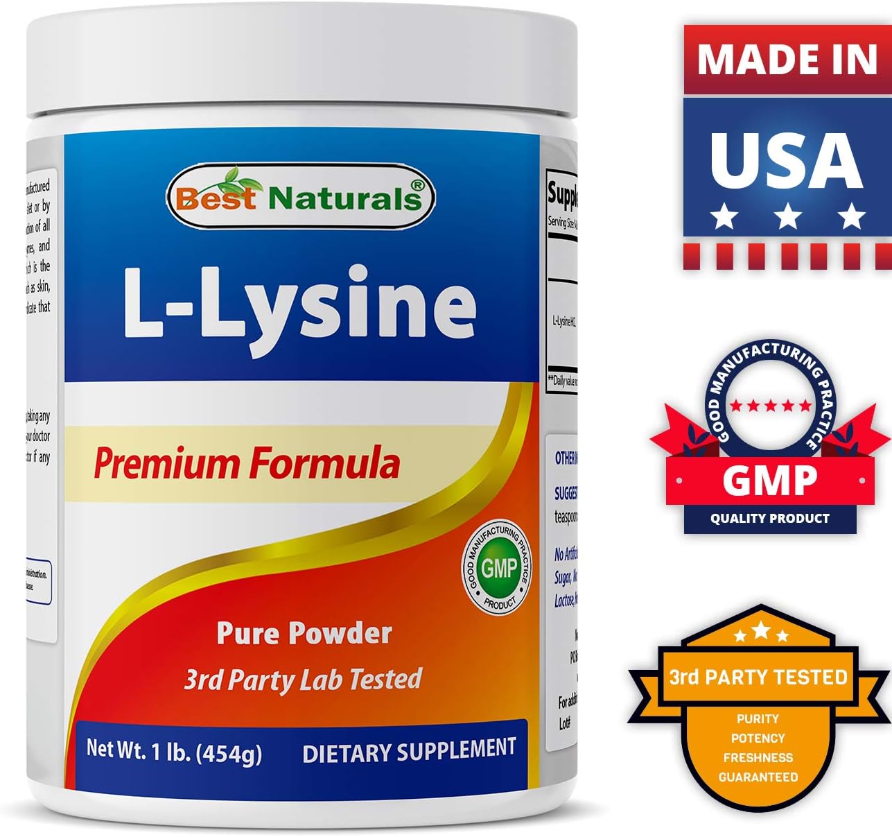 Pure Lysine Powder - Best Naturals, 3 Pounds Total - 100% Natural and Pure