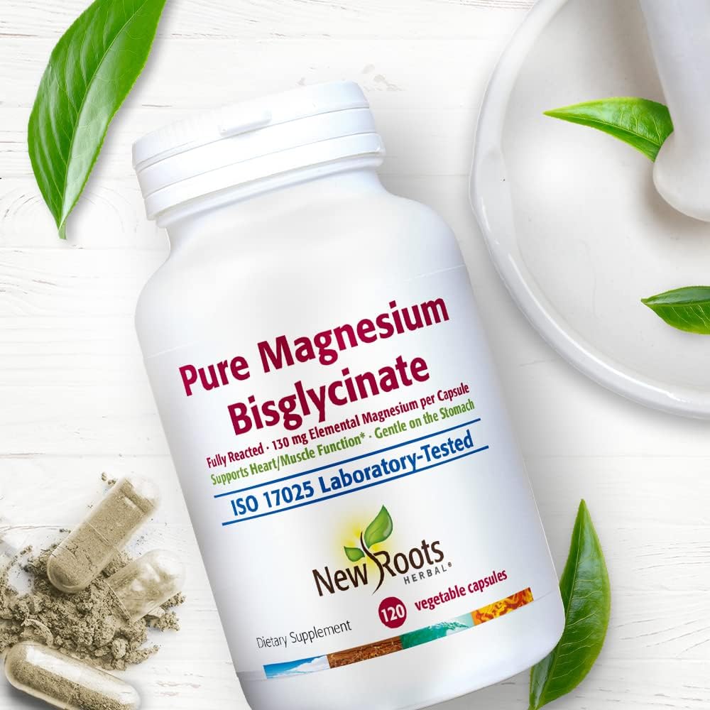 Pure Magnesium Bisglycinate Capsules - 130mg Elemental Magnesium - Heart & Muscle Support - Gentle on Stomach - Gluten Free & Non-GMO - 120 Veg Caps