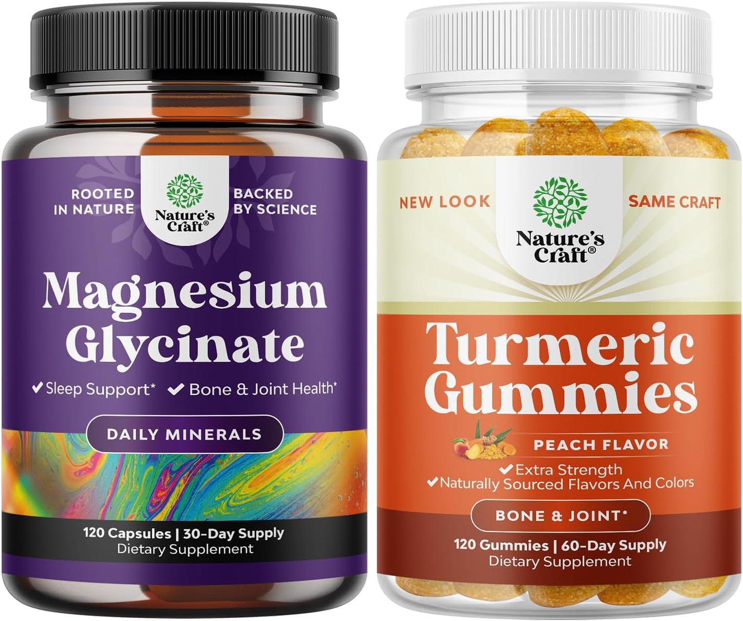 Pure Magnesium Glycinate 400mg Bundle for Mood, Sleep, and Relaxation + Turmeric Gummies for Adults - Joint Support with Peach Flavor