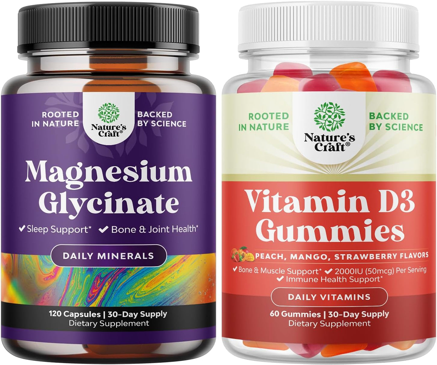 Pure Magnesium Glycinate Bundle 400mg for Mood, Sleep, Relaxation, with Vitamin D3 Gummies for Daily Wellness, Bone, Muscle & Immune Support