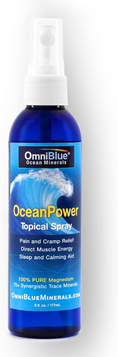 Pure Magnesium Mineral Replenishment Set - OmniBlue Ocean Minerals 8oz & OceanPower Topical Spray 6oz | 70+ Trace Minerals | Additive-Free