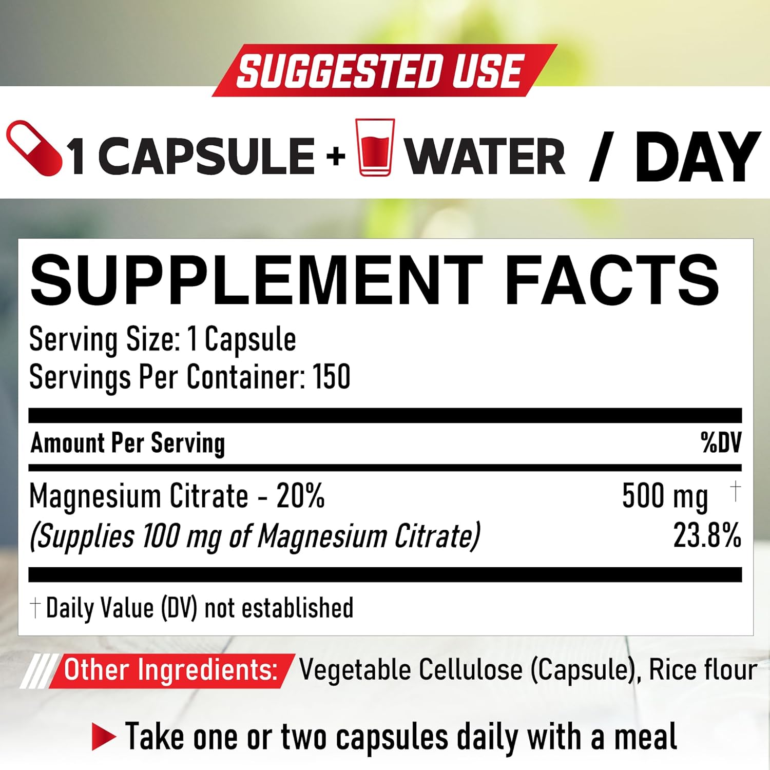 Pure Magnesium Supplement Capsules - 500mg Citrato de Magnesio for Digestive Health, Muscle Mass & Energy - 150 Capsules, 5-Month Supply