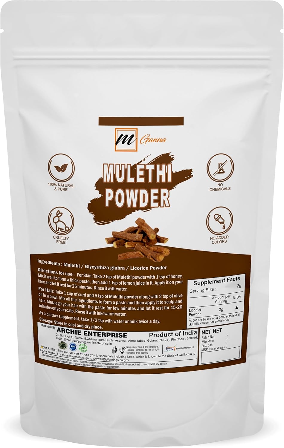 Pure Mulethi Licorice Powder 227g for Health, Skin Care, and Cosmetics