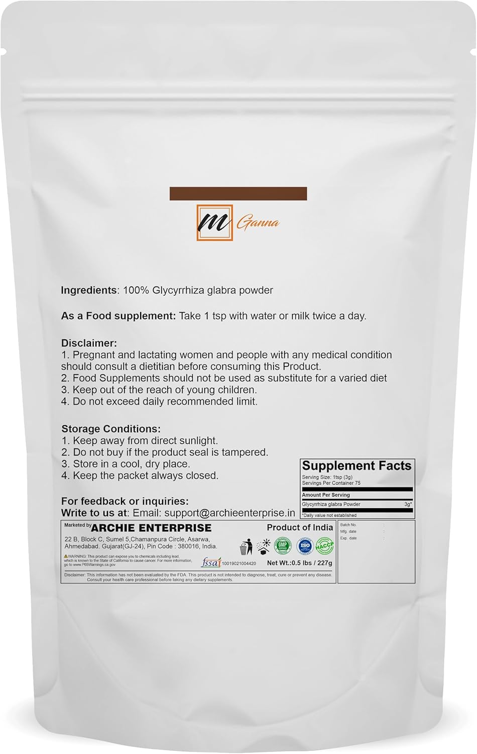 Pure Mulethi Licorice Powder 227g for Health, Skin Care, and Cosmetics