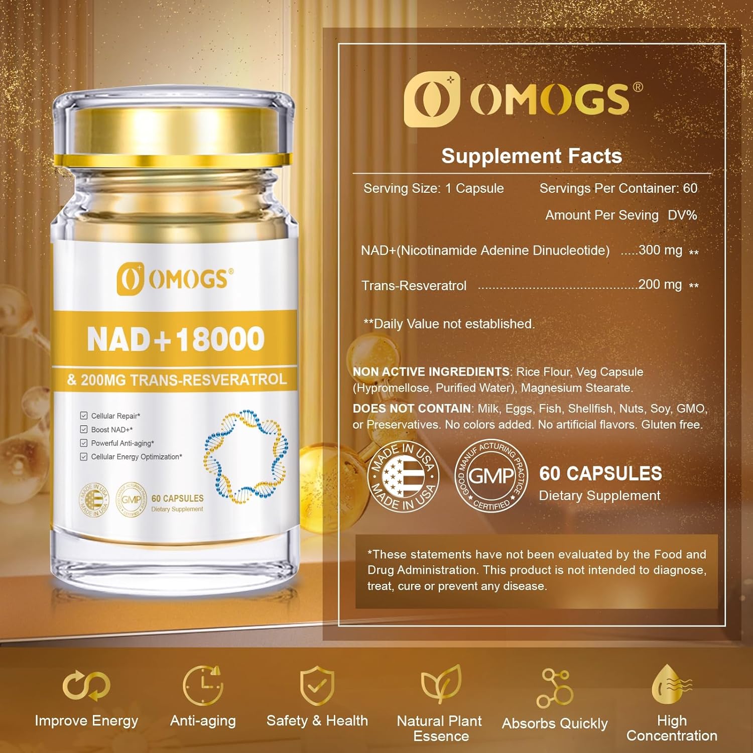 Pure NAD Supplement with Trans-Resveratrol for Healthy Aging & DNA Repair - 60 Capsules, 300mg NAD+ & 200mg Resveratrol, Max Absorption & Cellular Energy - BoostGo Australia