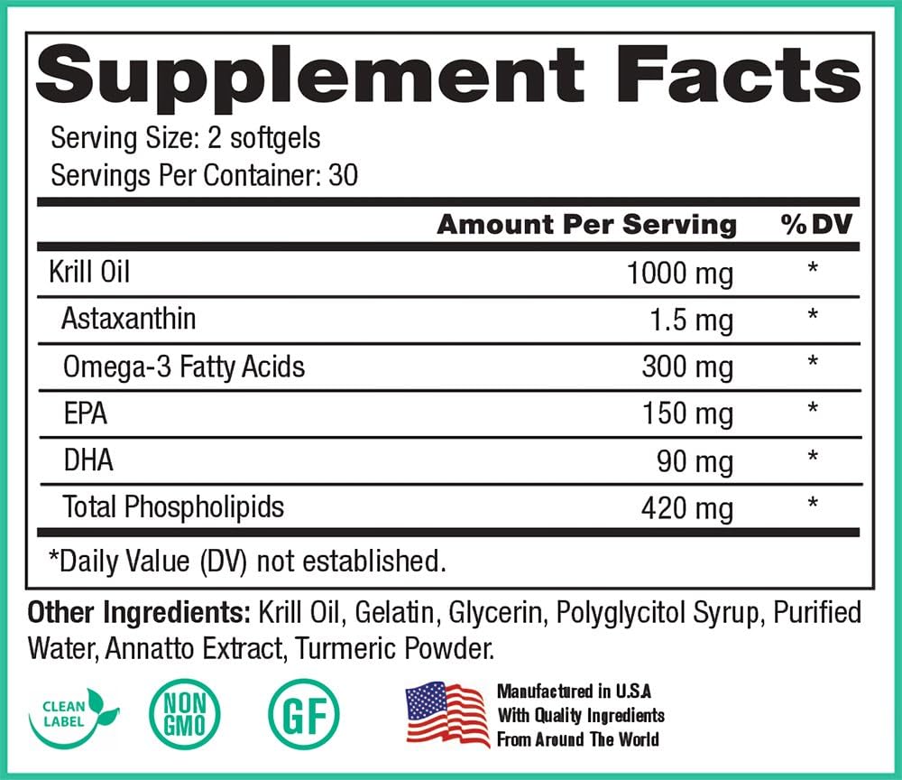 Pure & Natural Peak Krill Oil Supplement for Joint & Heart Health - Brain Support with EPA, DHA & Astaxanthin - 60 Softgels