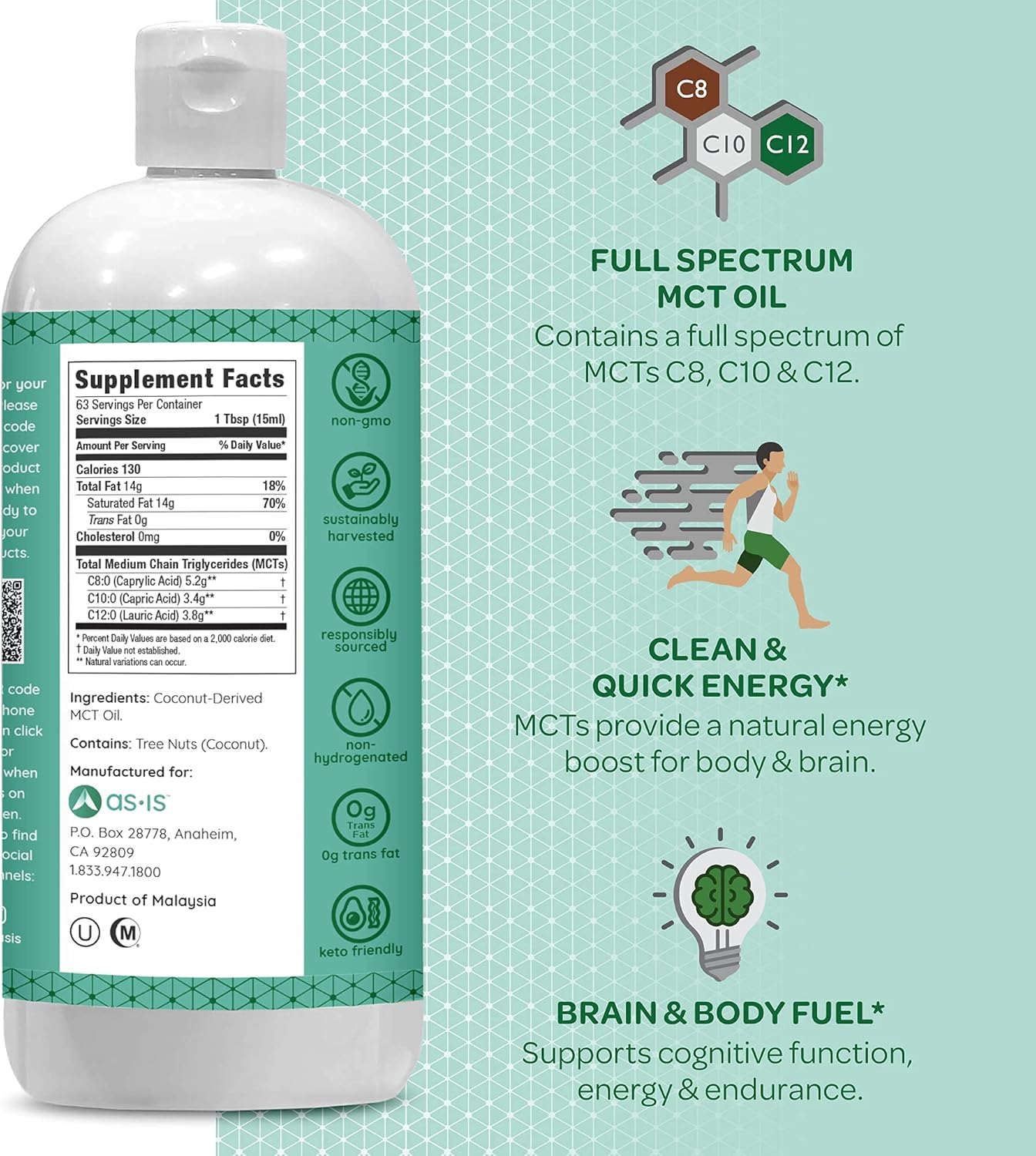 Pure Non-GMO Full Spectrum MCT Oil | Unflavored | Boost Morning Coffee | Clean Energy | 32 fl oz (63 Servings)