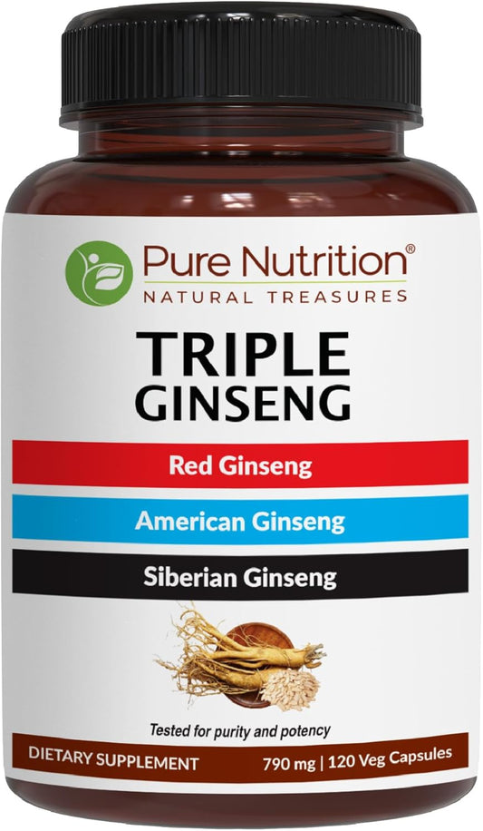 Pure Nutrition Triple Ginseng Capsules - Red, American, & Siberian Ginseng Blend | 650mg | 120 Veg Caps | Natural Energy Boost
