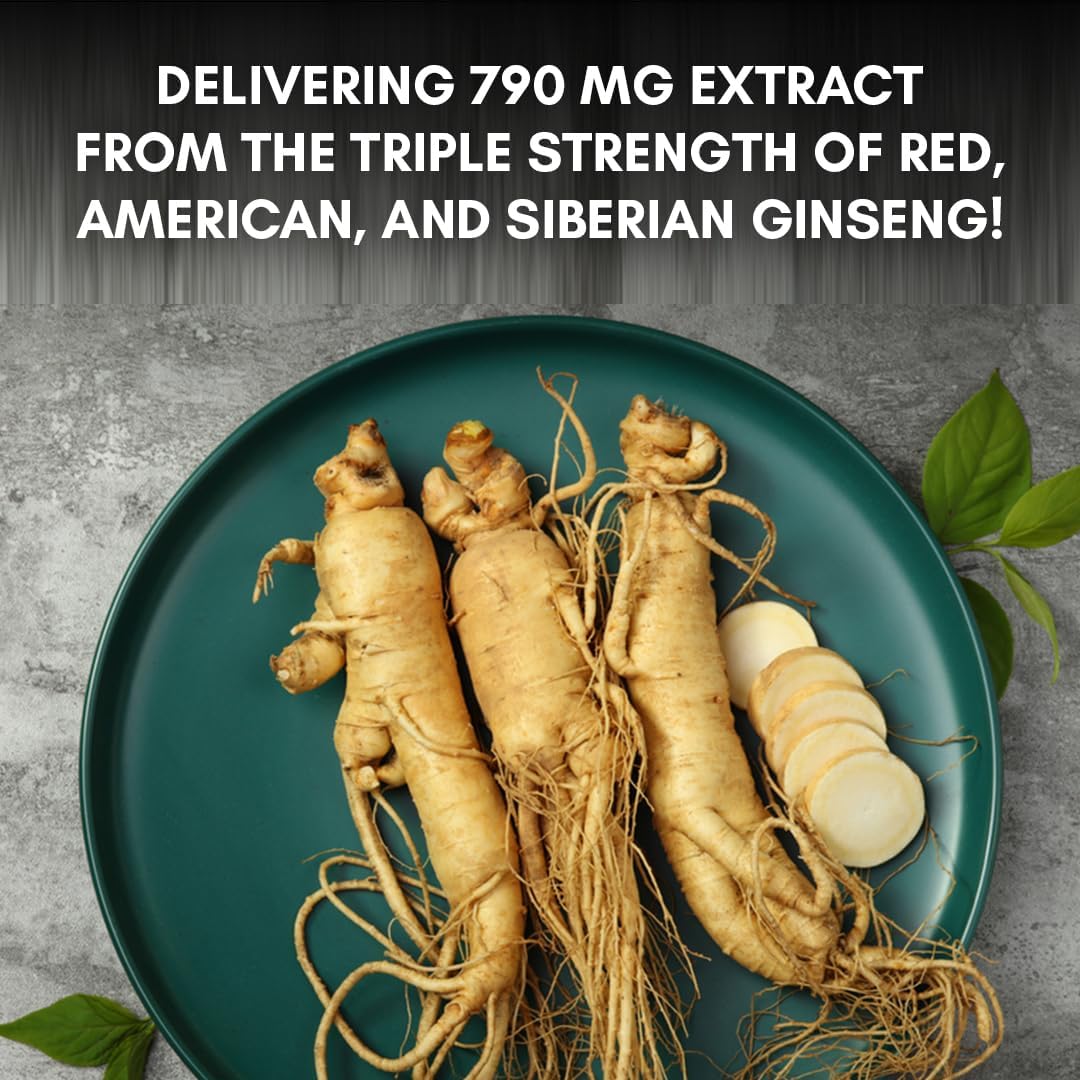 Pure Nutrition Triple Ginseng Capsules - Red, American, & Siberian Ginseng Blend | 650mg | 120 Veg Caps | Natural Energy Boost
