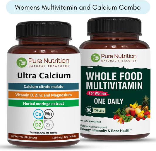 Pure Nutrition Ultra Calcium 1000mg and Whole Foods Womens Multivitamins 1500mg Bundle for Bone Health and Overall Wellness - 120 Tabs Calcium + 90 Tabs Multivitamins