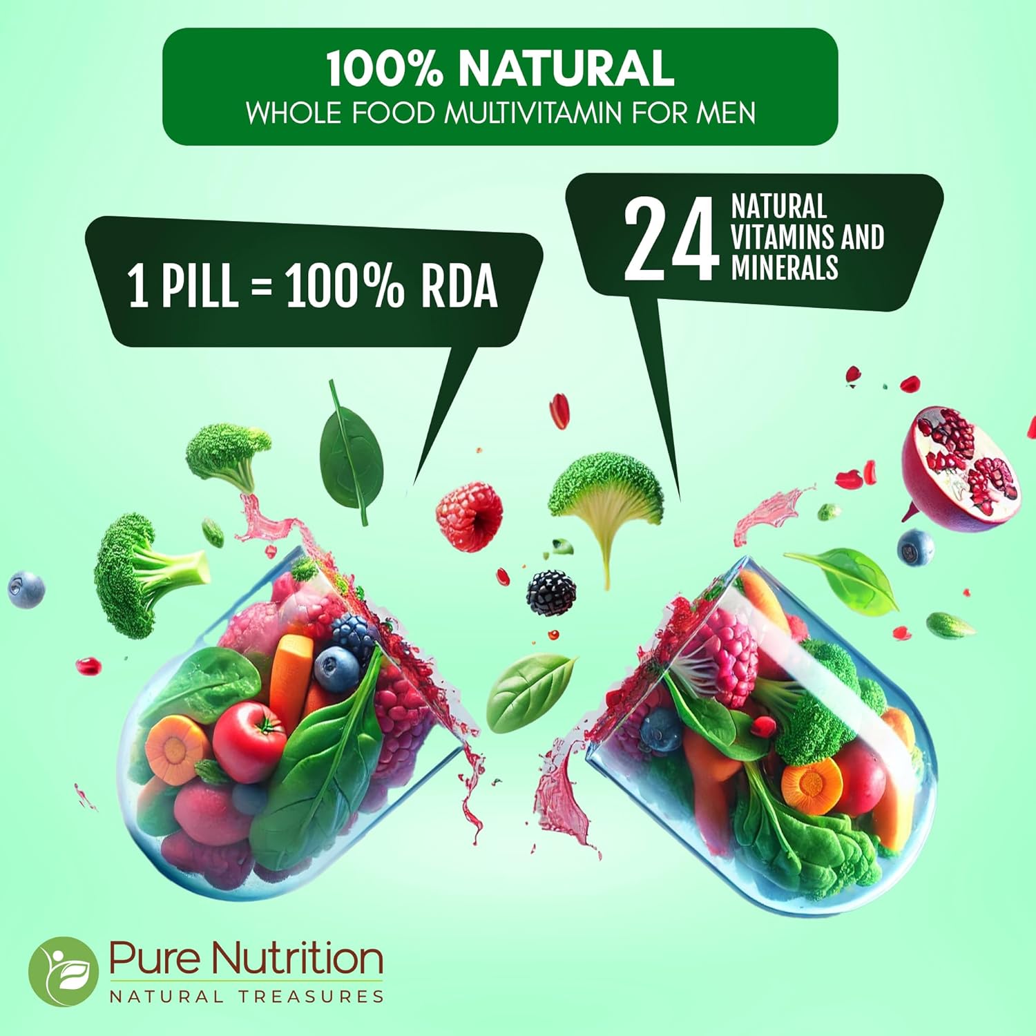 Pure Nutrition Whole Food Multivitamins for Men - 1500mg Plant-Based Multivitamin - Vegan & Non-GMO - 90 Tablets - 3 Month Supply