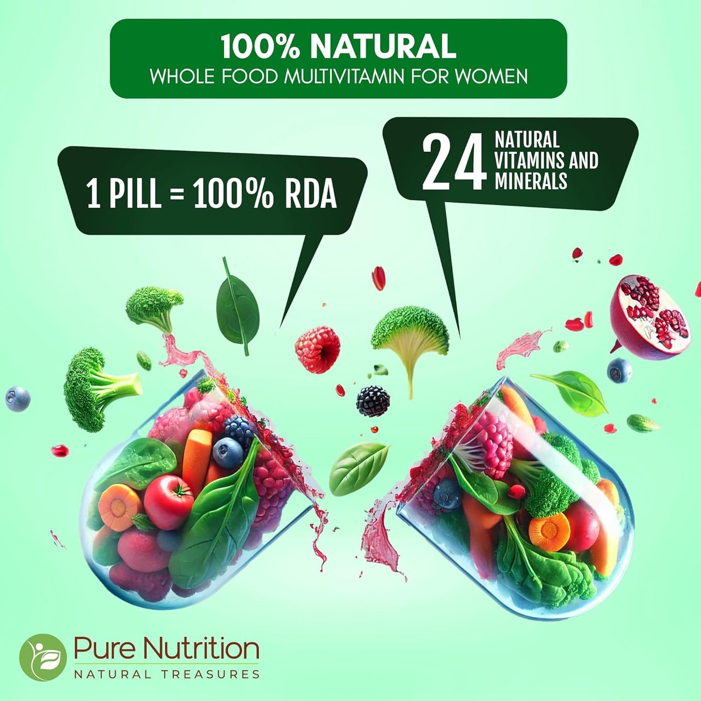 Pure Nutrition Whole Food Multivitamins for Women - 1500mg Plant-Based Non GMO Formula | 90 Tablets, 3 Month Supply | Once Daily Women's Multivitamin