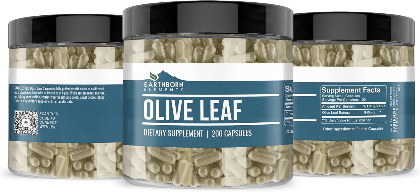 Pure Olive Leaf Extract Capsules - 200 Count, No Additives, Earthborn Ingredients