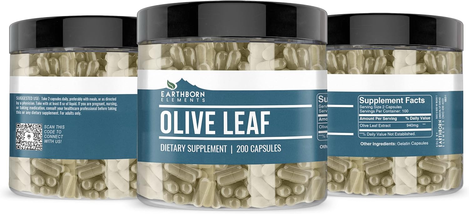 Pure Olive Leaf Extract Capsules - 200 Count, No Additives, Earthborn Ingredients