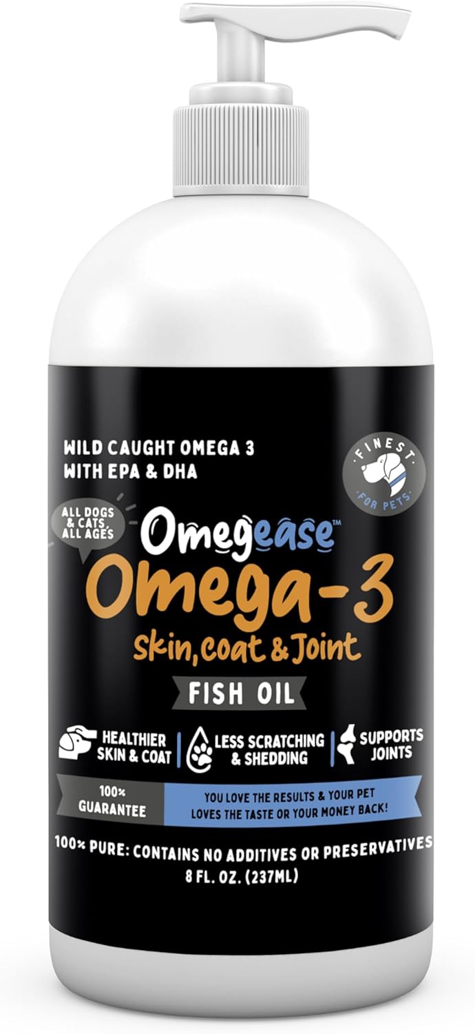 Pure Omega 3 Fish Oil for Dogs & Cats - Omegease Supplement for Skin, Coat, Joints & Immune Health - 8 oz