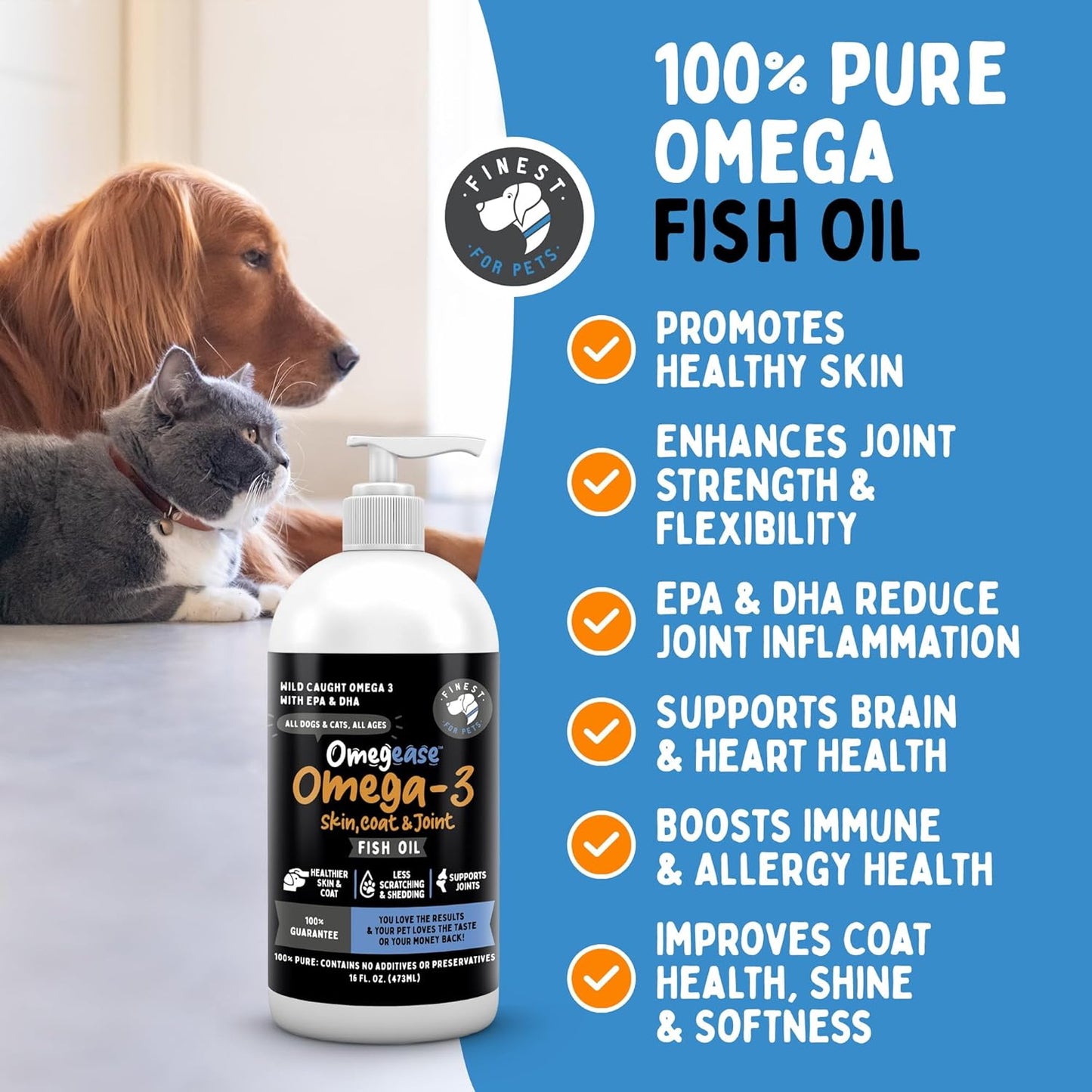Pure Omega 3 Fish Oil for Dogs & Cats - Omegease Supplement for Skin, Coat, Joints & Immune Health - 8 oz