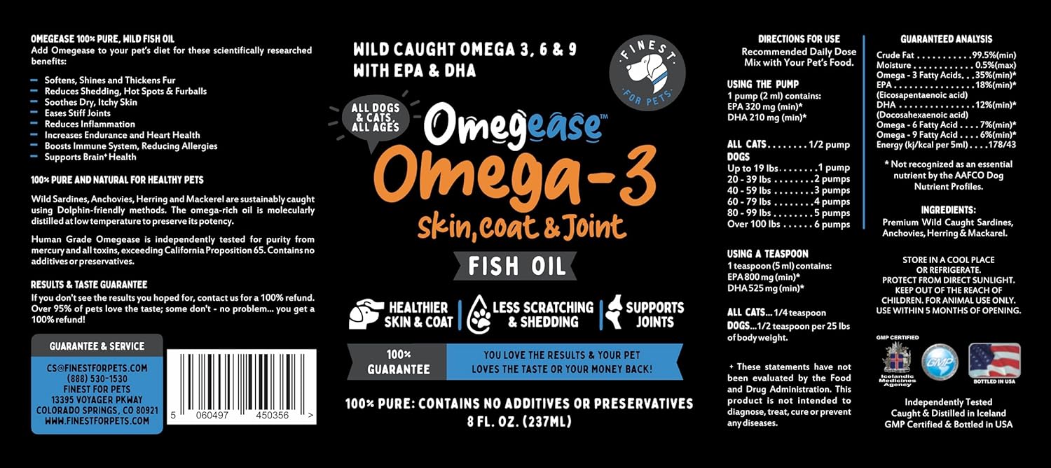 Pure Omega 3 Fish Oil for Dogs & Cats - Omegease Supplement for Skin, Coat, Joints & Immune Health - 8 oz