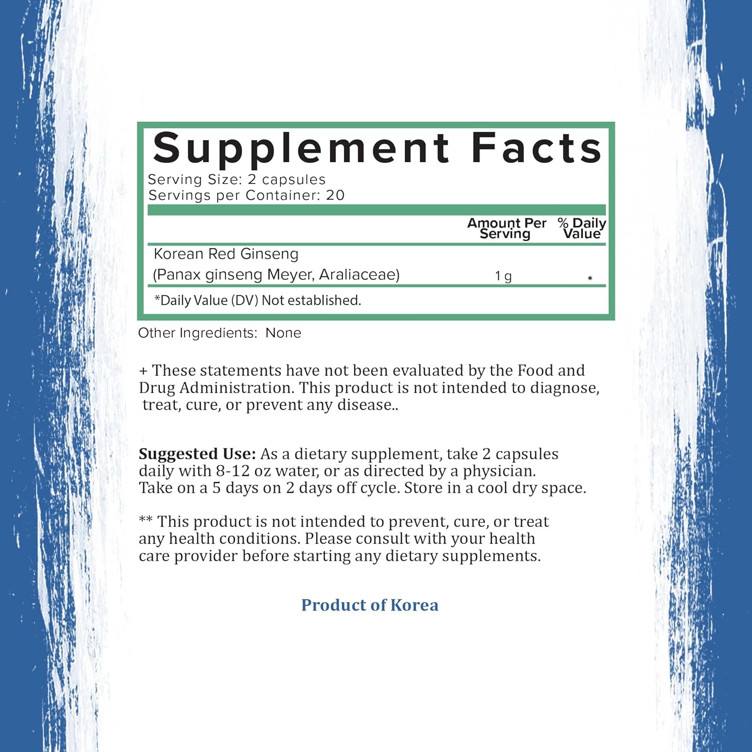 Pure Panax Ginseng Capsules | Korean Red Ginseng Supplement | Vegan, Gluten Free, Non GMO | 40 Capsules with Ginsenosides