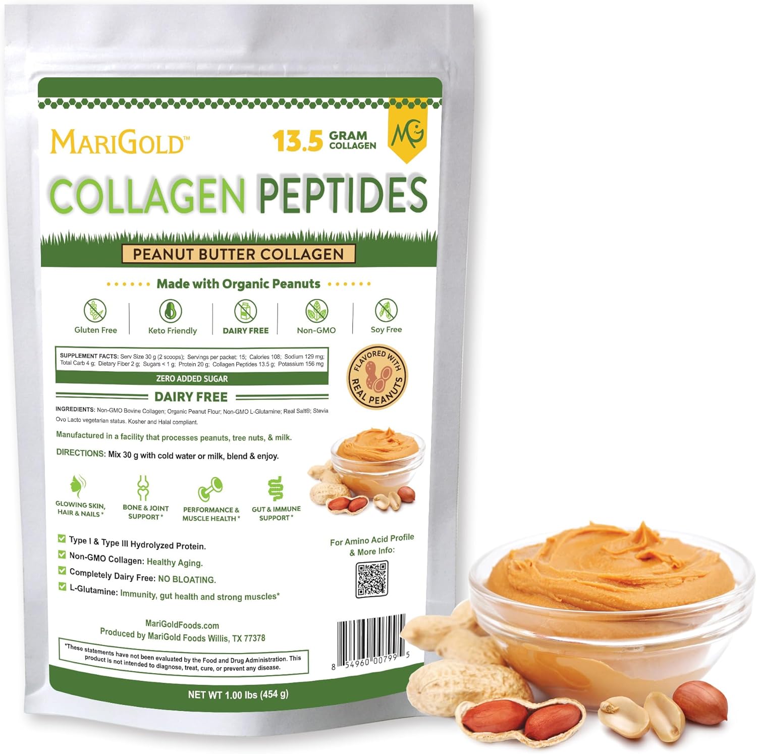 Pure Peanut Butter 1LB Grass-fed Collagen Peptides Powder - Type I & III Bovine Hydrolyzed, Non-GMO, Hormone Free, Soy Free, Gluten Free, Dairy Free, Keto-Friendly