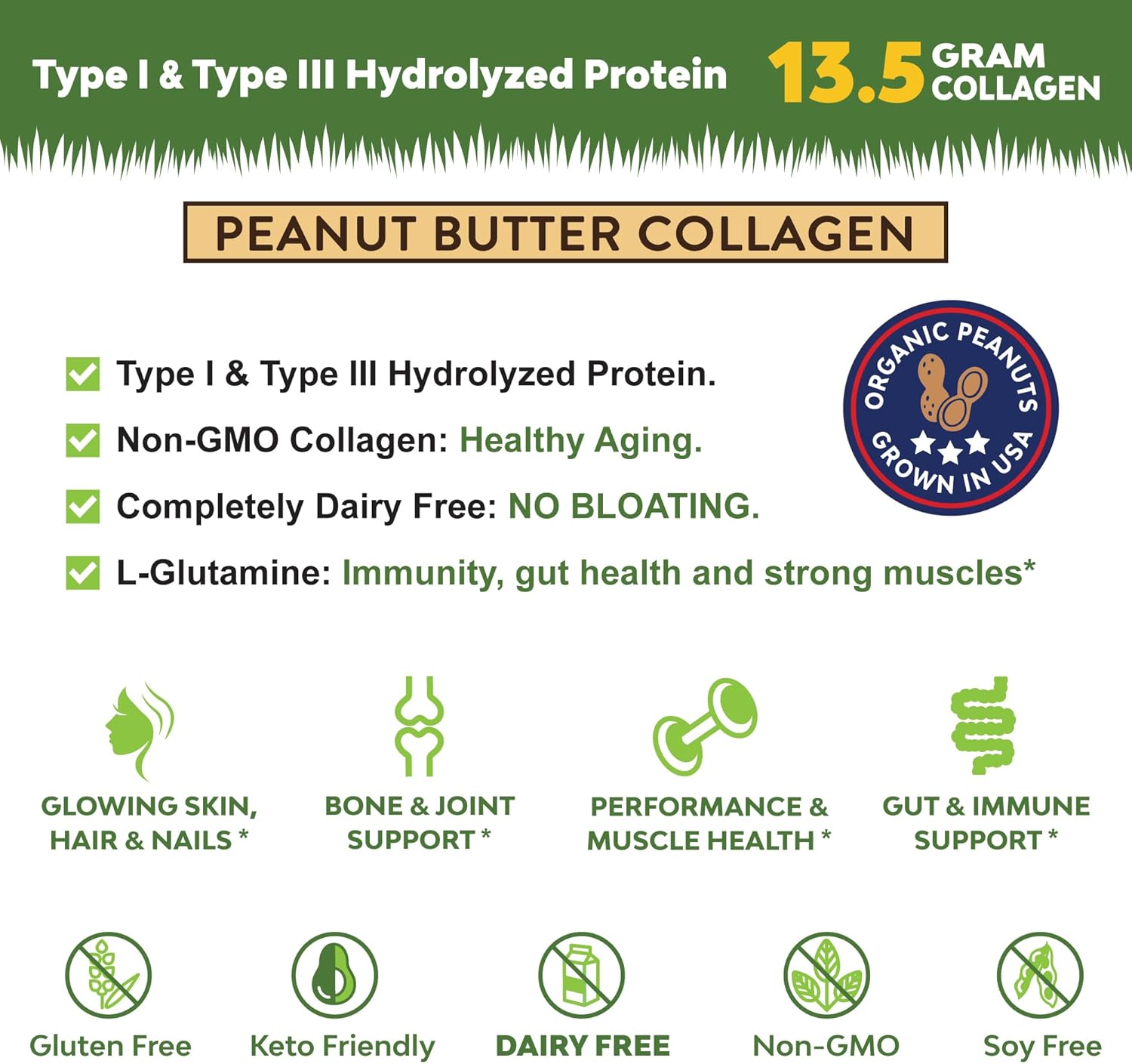 Pure Peanut Butter 1LB Grass-fed Collagen Peptides Powder - Type I & III Bovine Hydrolyzed, Non-GMO, Hormone Free, Soy Free, Gluten Free, Dairy Free, Keto-Friendly
