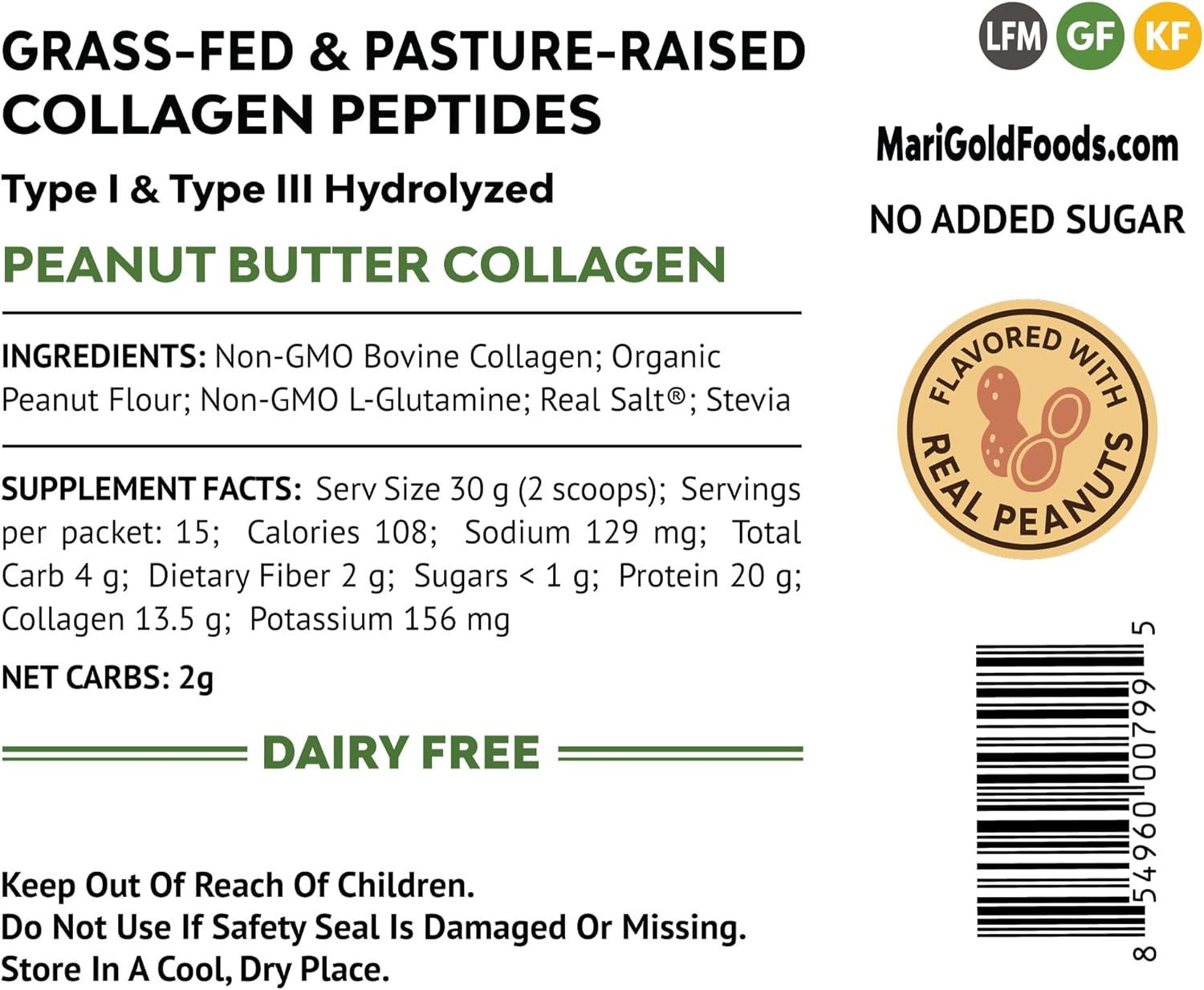 Pure Peanut Butter 1LB Grass-fed Collagen Peptides Powder - Type I & III Bovine Hydrolyzed, Non-GMO, Hormone Free, Soy Free, Gluten Free, Dairy Free, Keto-Friendly