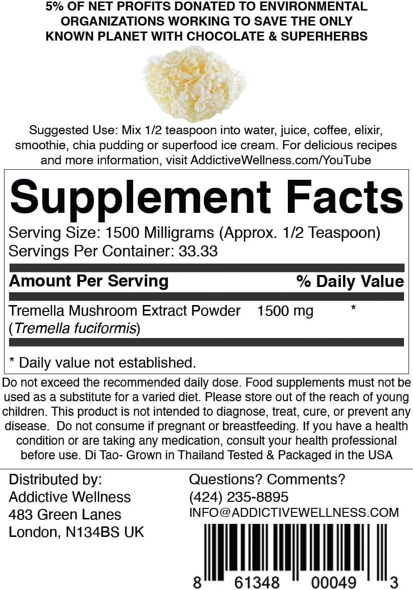 Pure & Potent Tremella Mushroom Extract Powder - 50 Grams by Addictive Wellness, Wood Grown