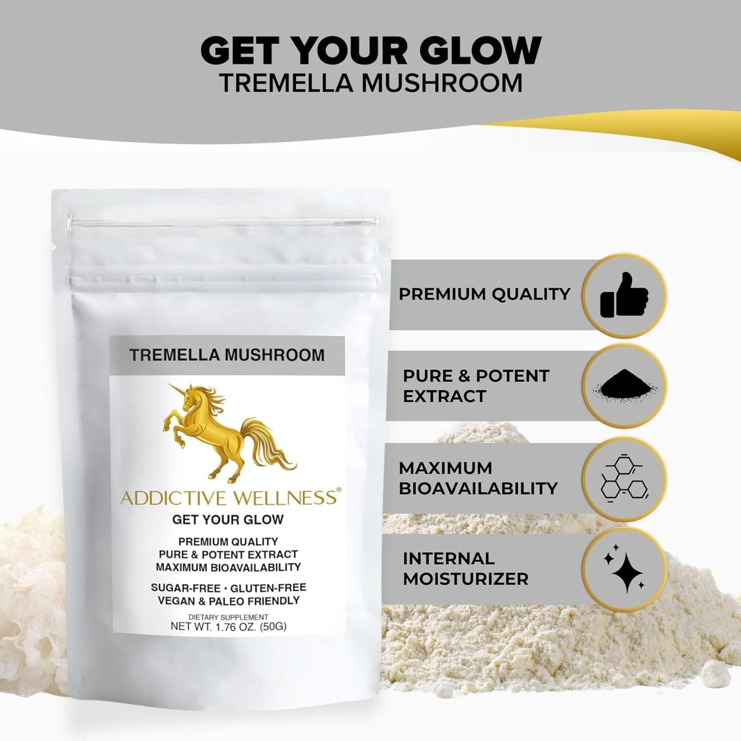 Pure & Potent Tremella Mushroom Extract Powder - 50 Grams by Addictive Wellness, Wood Grown